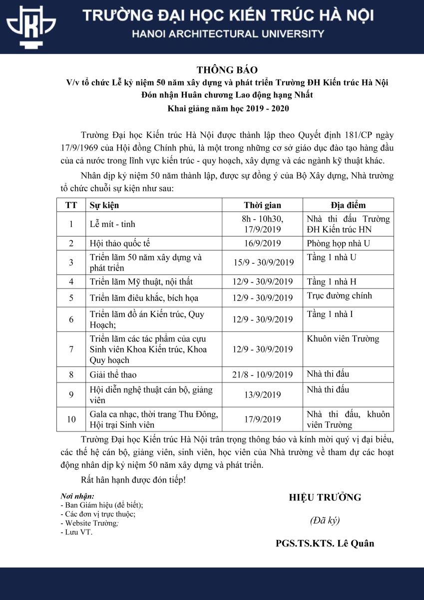 Thông báo V/v tổ chức Lễ kỷ niệm 50 năm xây dựng và phát triển Trường ĐH Kiến trúc Hà Nội Đón nhận Huân chương Lao động hạng Nhất và Khai giảng năm học 2019 - 2020